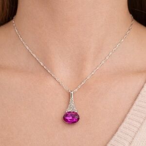 Silver Tone Pink Gemstone Pendant Necklace Sparkle Accents